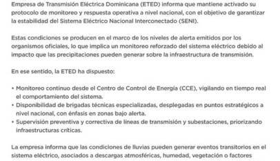 ETED activa protocolo de respuesta operativa ante lluvias en todo el territorio nacional
