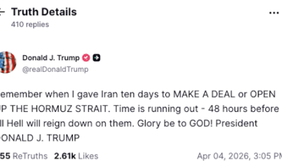 Trump reitera advertencia a Irán: 48 horas para un acuerdo sobre el estrecho de Ormuz o desatará «el infierno»