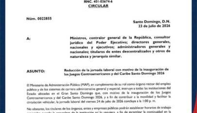 Gobierno dispone reducción de la jornada laboral este viernes en el Gran Santo Domingo por inauguración de los Juegos Centroamericanos y del Caribe 2026
