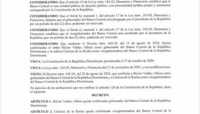Abinader confirma a Héctor Valdez Albizu y Clarissa de la Rocha al frente del Banco Central Abinader confirma a Héctor Valdez Albizu y Clarissa de la Rocha al frente del Banco Central