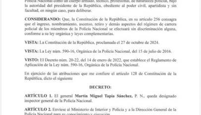 Abinader designa al general Martín Miguel Tapia Sánchez como inspector general de la Policía Nacional Abinader designa al general Martín Miguel Tapia Sánchez como inspector general de la Policía Nacional