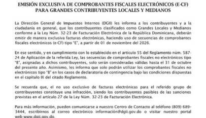 DGII dispone uso exclusivo de comprobantes fiscales electrónicos para Grandes Contribuyentes Locales y Medianos desde noviembre DGII dispone uso exclusivo de comprobantes fiscales electrónicos para Grandes Contribuyentes Locales y Medianos desde noviembre