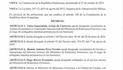 Abinader designa nuevos viceministros y embajador en el Ministerio de Relaciones Exteriores